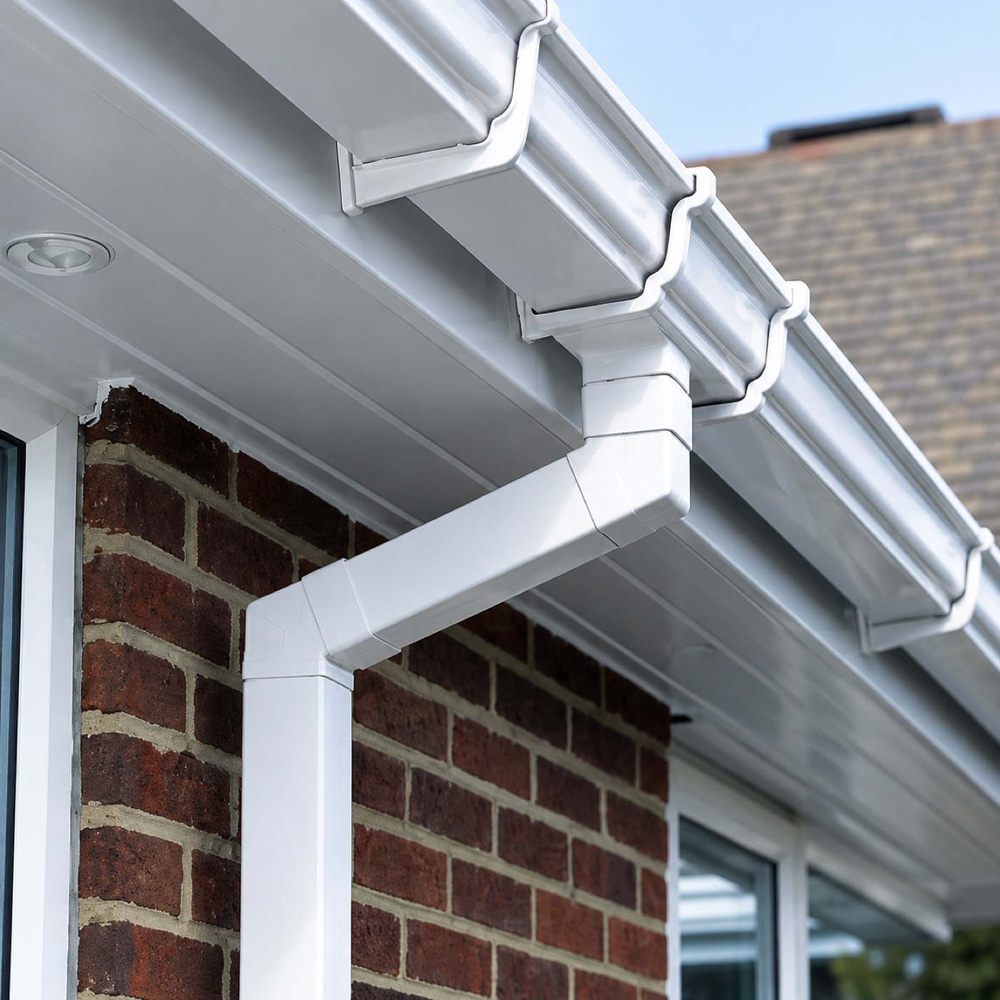 New white Colorbond gutter and downpipe installed on a brick home