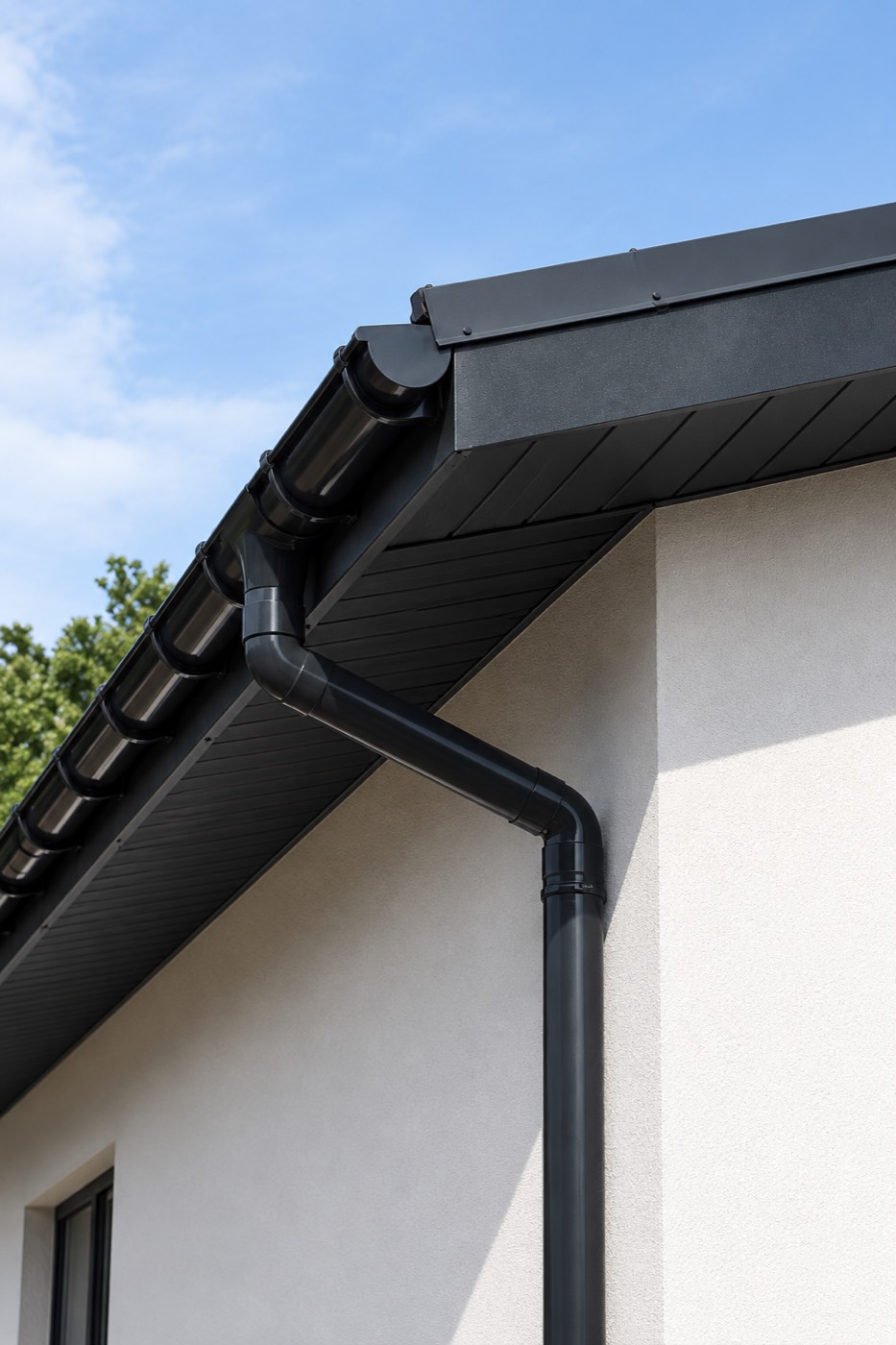 Charcoal metal gutter and downpipe on a rendered home