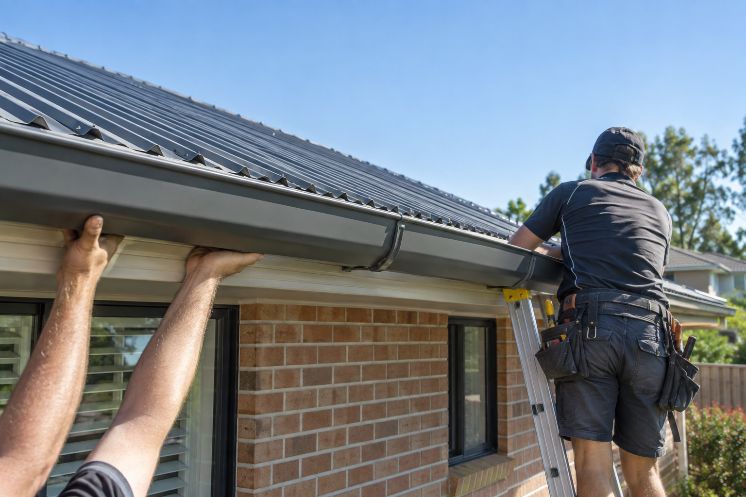 Roofer installing a long Colorbond gutter run on a brick home