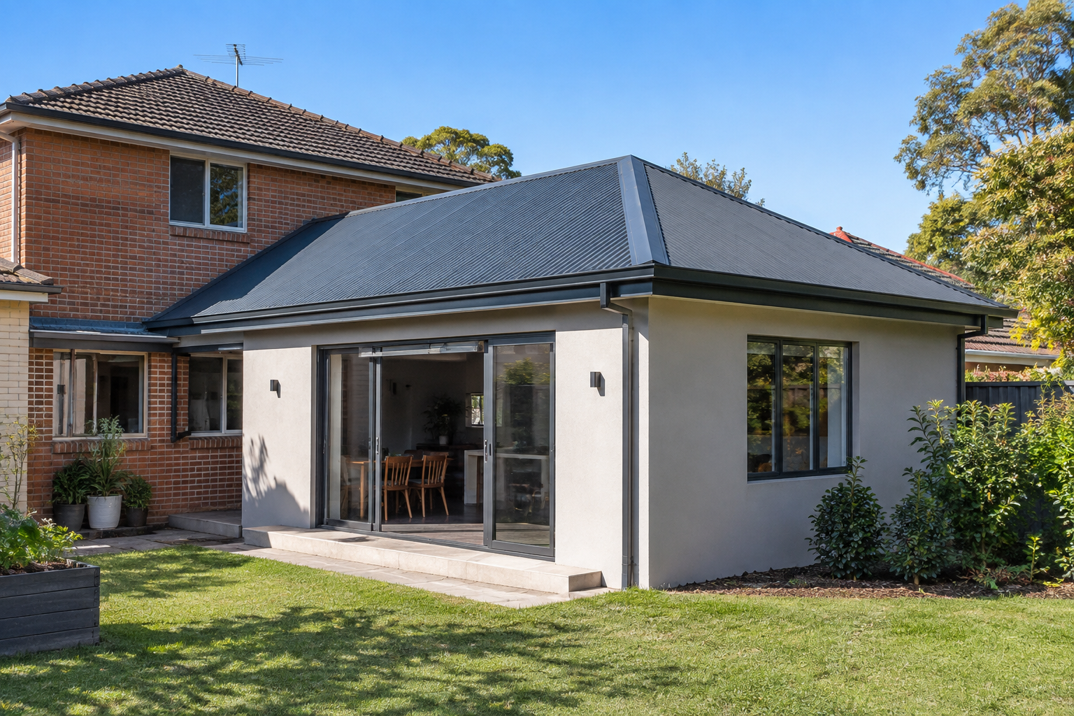 New charcoal Colorbond roof on a rear home extension