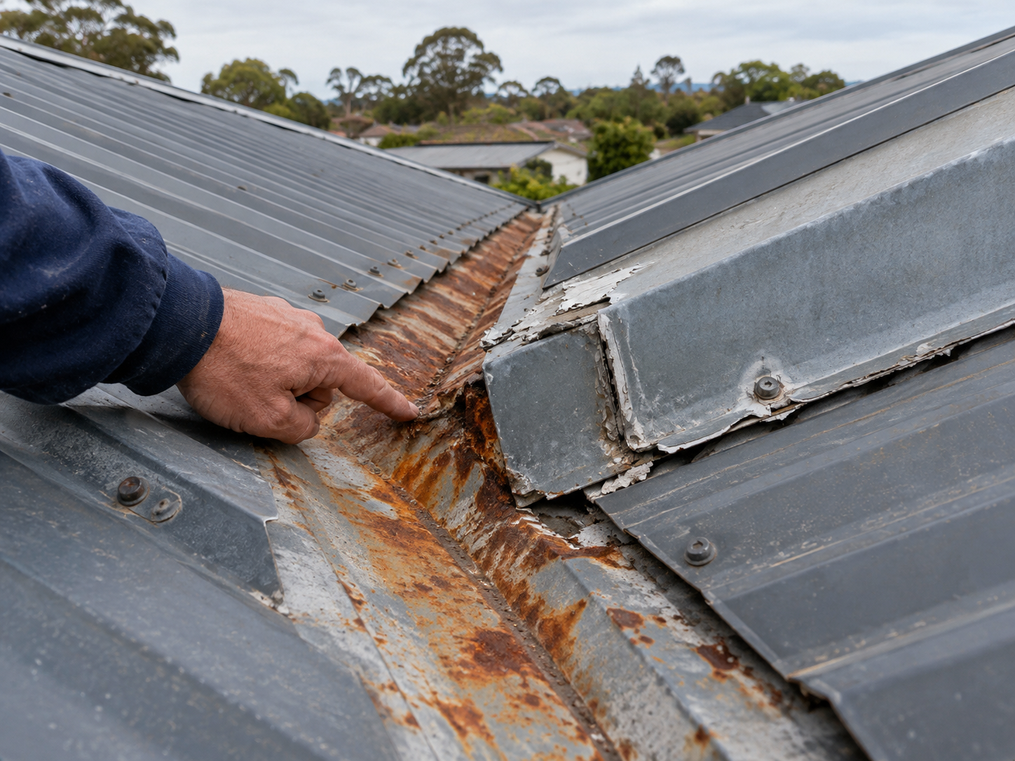 Rusted roof valley and worn flashing being inspected