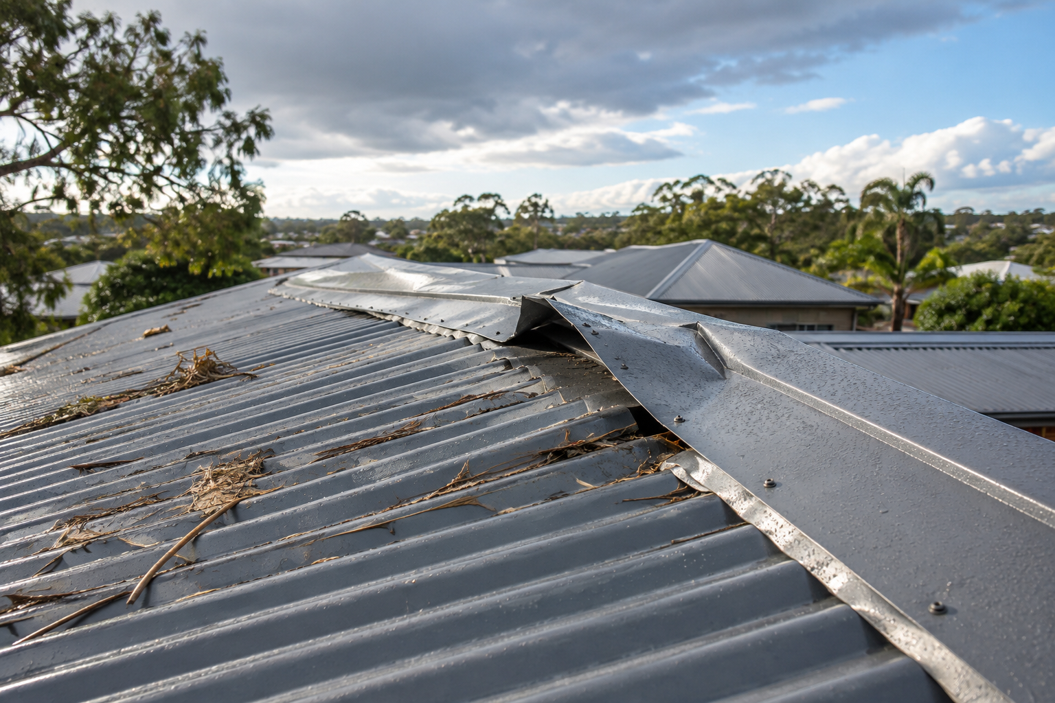 Storm damaged metal roof sheet lifted near the ridge