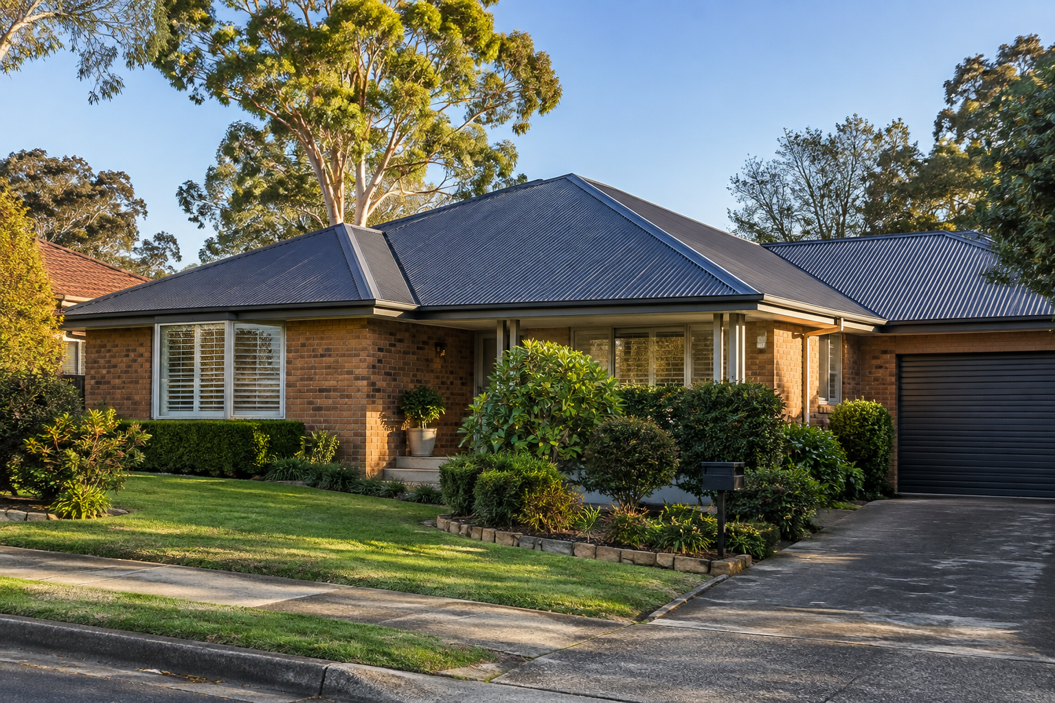 Finished charcoal Colorbond roof on an older brick home