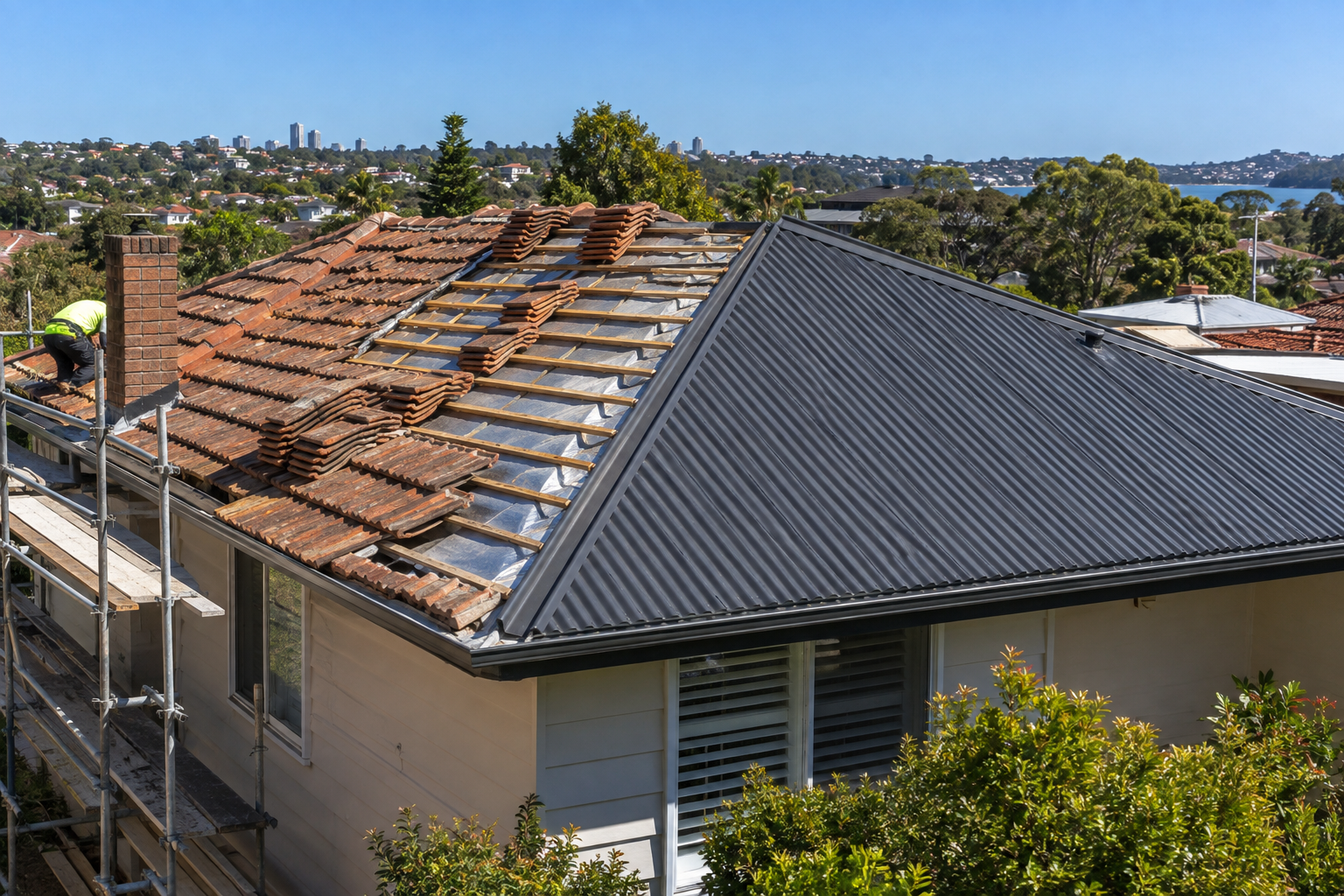 Tile roof mid-replacement with new charcoal Colorbond sheeting installed