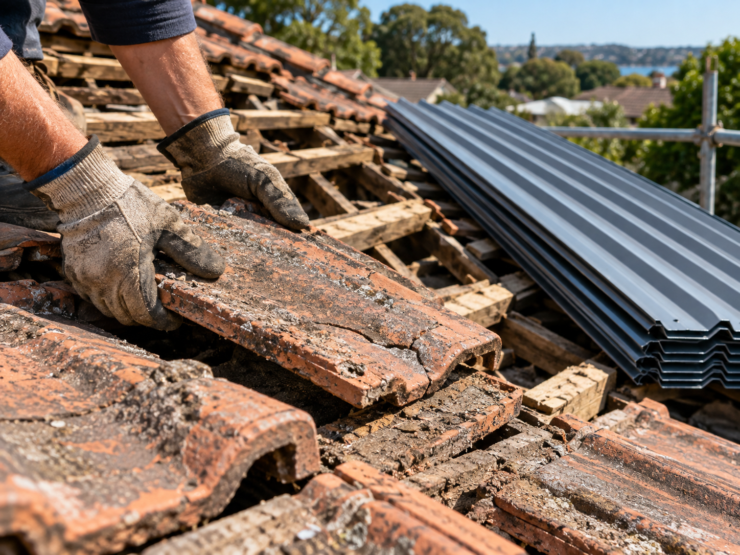 Old cracked terracotta roof tiles being lifted from battens